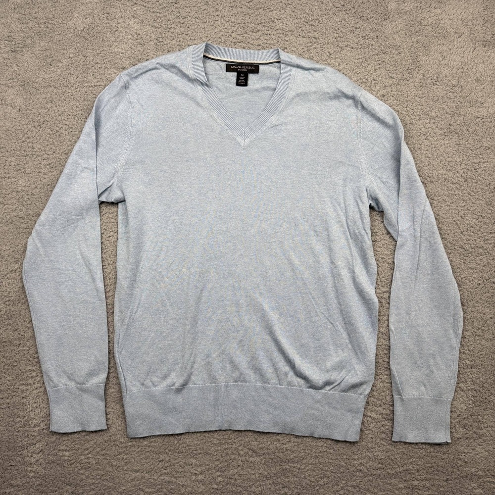 Banana Republic Sweater Mens M Blue Silk Linen V-Neck Knit Long Sleeve Pullover